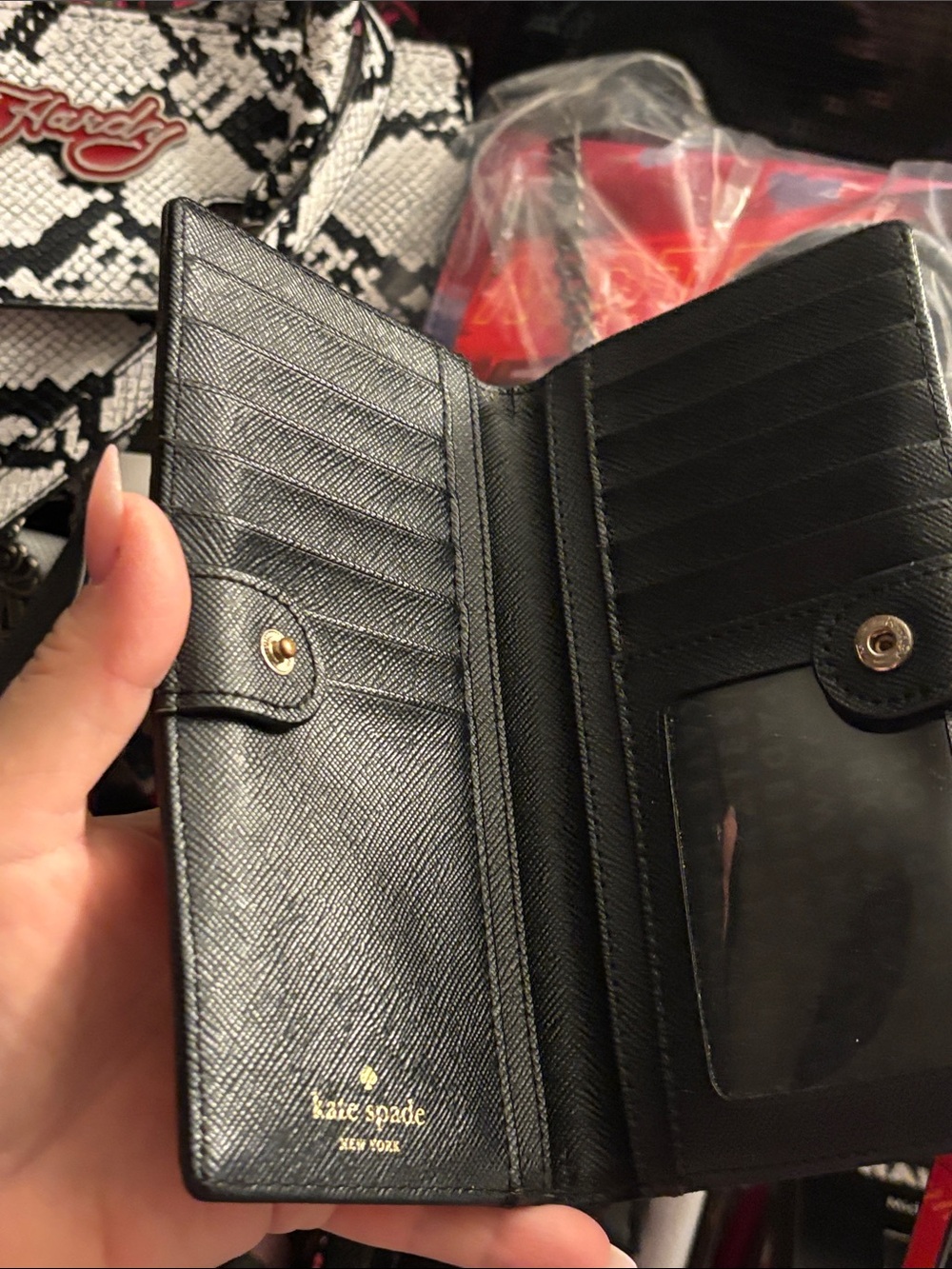kate spade Red Black Plaid Zip Card Holder - Picture 7 of 11